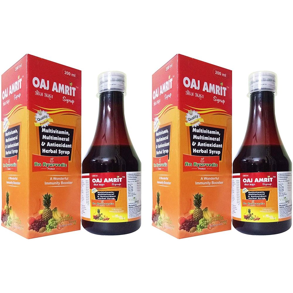 Vrinda Oaj Amrit Syrup - Ayurvedic Immunity Booster - Multivitamins, Multimineral & Antioxidant Herbal Syrup (200ml, Pack of 2)