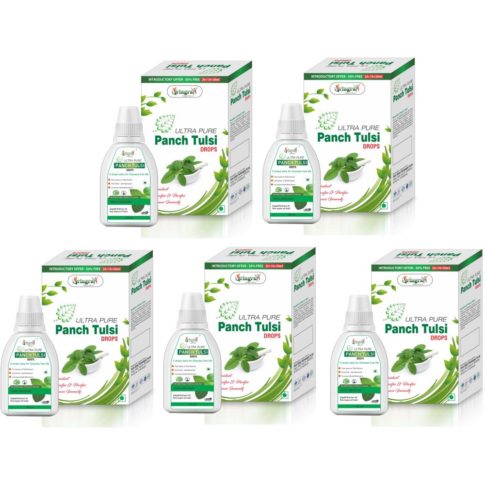 Vringra Tulsi Liquid - Panch Tulsi Drops - Natural Immunity Booster Tulsi Ras (30ml, Pack of 5)