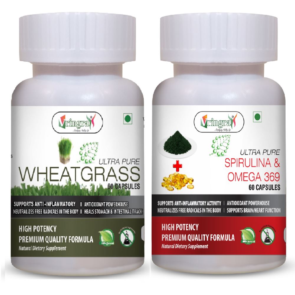 Vringra Spirulina & Omega Capsules - Wheatgrass Capsules - Immunity Booster (Combo Pack) (1Pack)