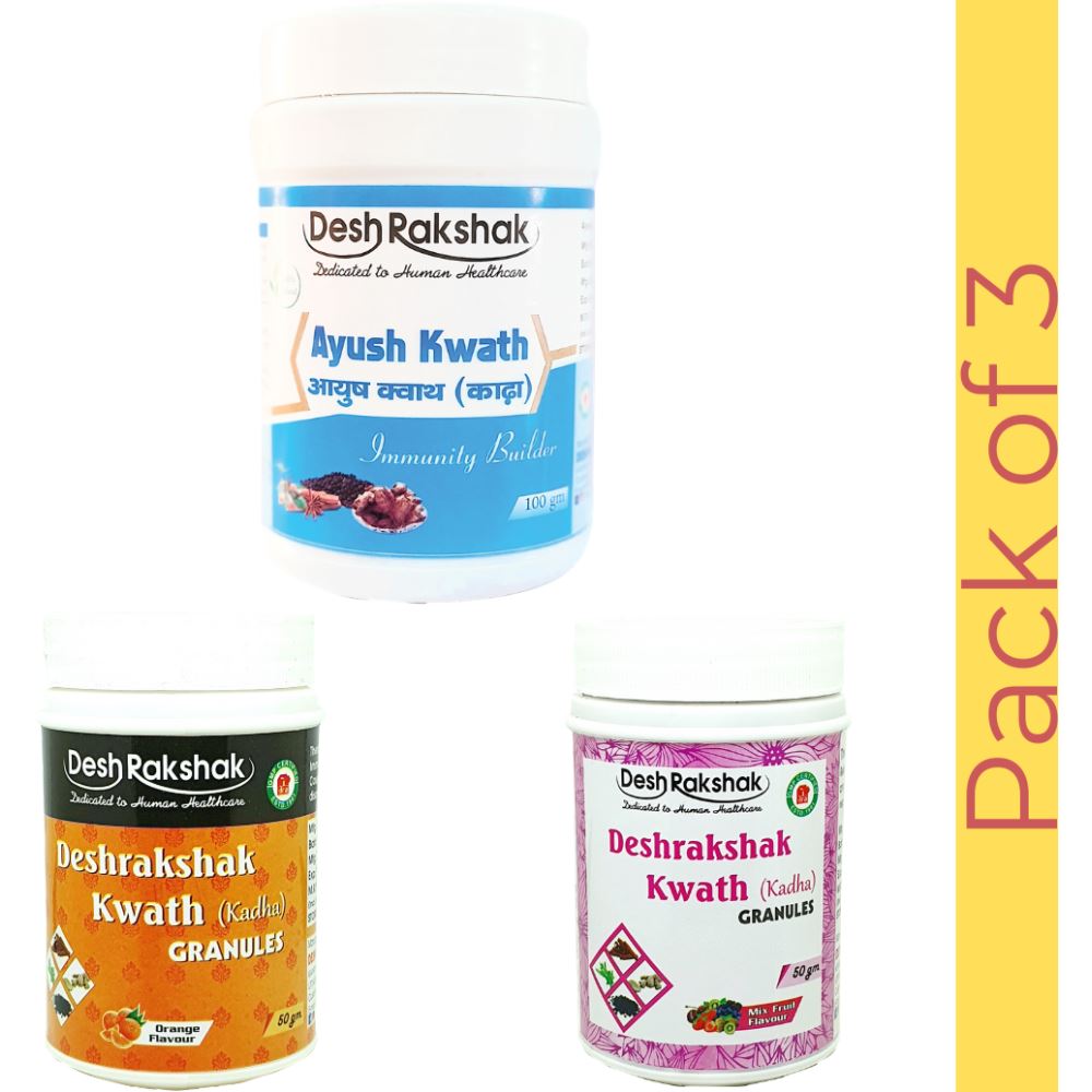 Deshrakshak Ayush Kwath (100 gm) + Deshrakshak Kwath Orange Flavour (50 gm) + Deshrakshak Kwath Mixed Fruit (50 gm) (1Pack) Deshrakshak Ayush Kwath (100 gm) + Deshrakshak Kwath Orange Flavour (50 gm) + Deshrakshak Kwath Mixed Fruit (50 gm) (1Pack)
