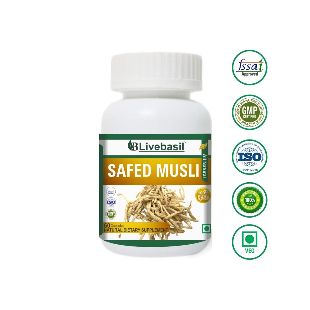 Livebasil Overseas Safed Musli Pure Extract Capsules - Improves Strength & Stamina (60caps, Pack of 2) Livebasil Overseas Safed Musli Pure Extract Capsules - Improves Strength & Stamina (60caps, Pack of 2)