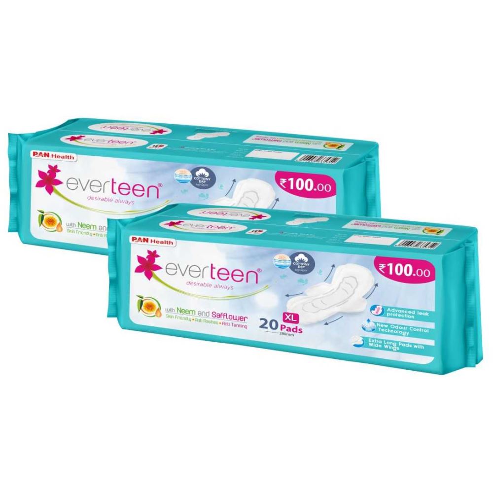 Everteen Cottony-Dry XL Sanitary Napkin Pads 280mm {Enriched With Neem And Safflower} (20pcs, Pack of 2) Everteen Cottony-Dry XL Sanitary Napkin Pads 280mm {Enriched With Neem And Safflower} (20pcs, Pack of 2)