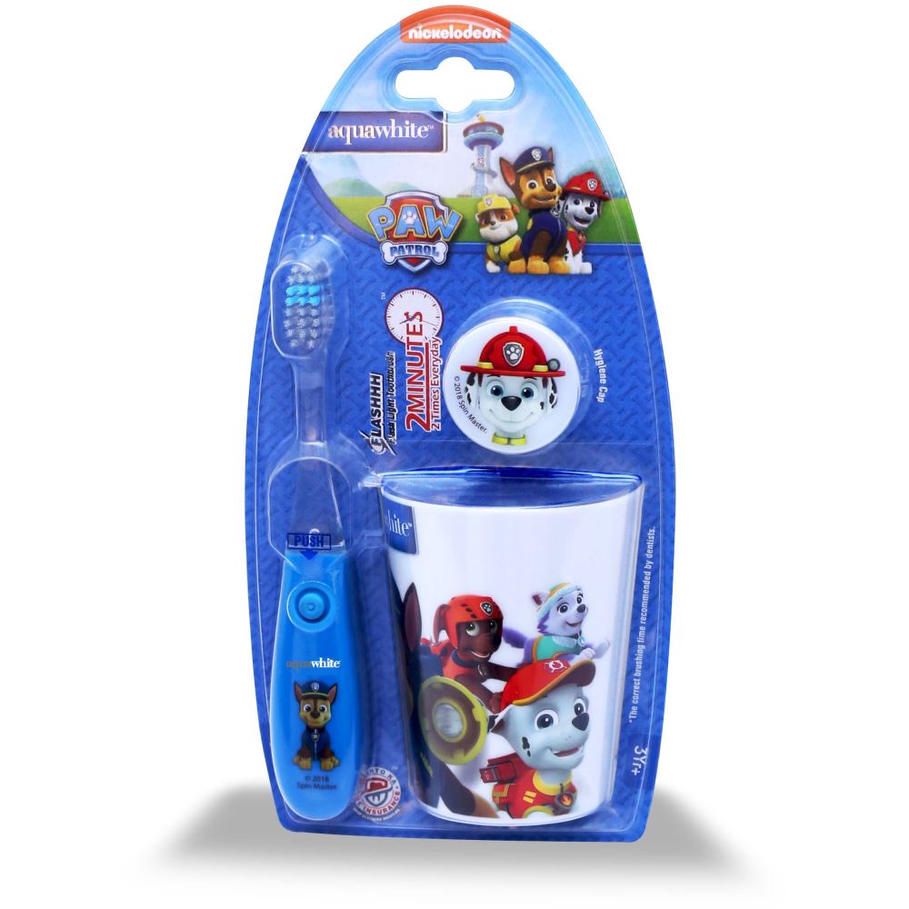Aquawhite Paw Patrol Flashhh Toothbrush With Rinsing Cup & Hygiene Cap {Kids Timer Flashlight Toothbrush - Blue Waterproof, Shockproof With Non-Replaceable In-Built Battery} (3Pack)