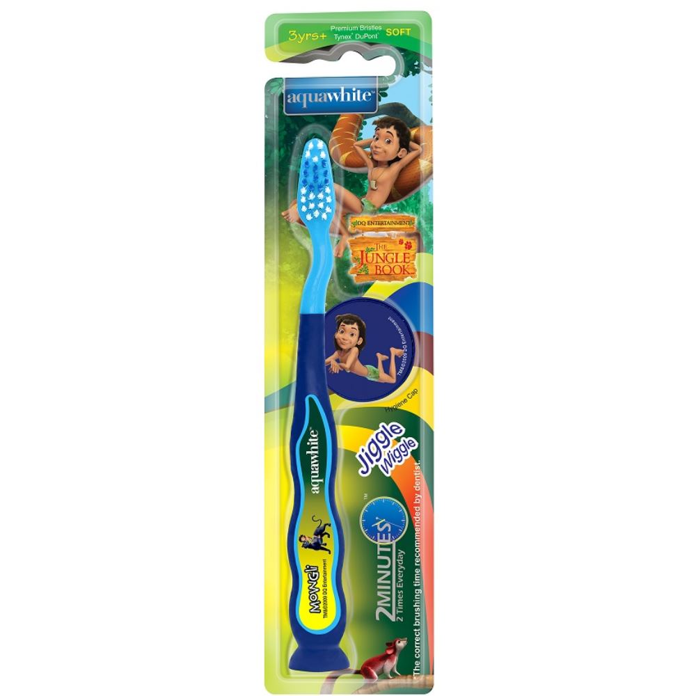Aquawhite The Jungle Book Jiggle Wiggle Toothbrush (Blue) {With 2 D Mowgli Image On Hygiene Cap, Suction Cup & Tongue Cleaner} (1Pack)