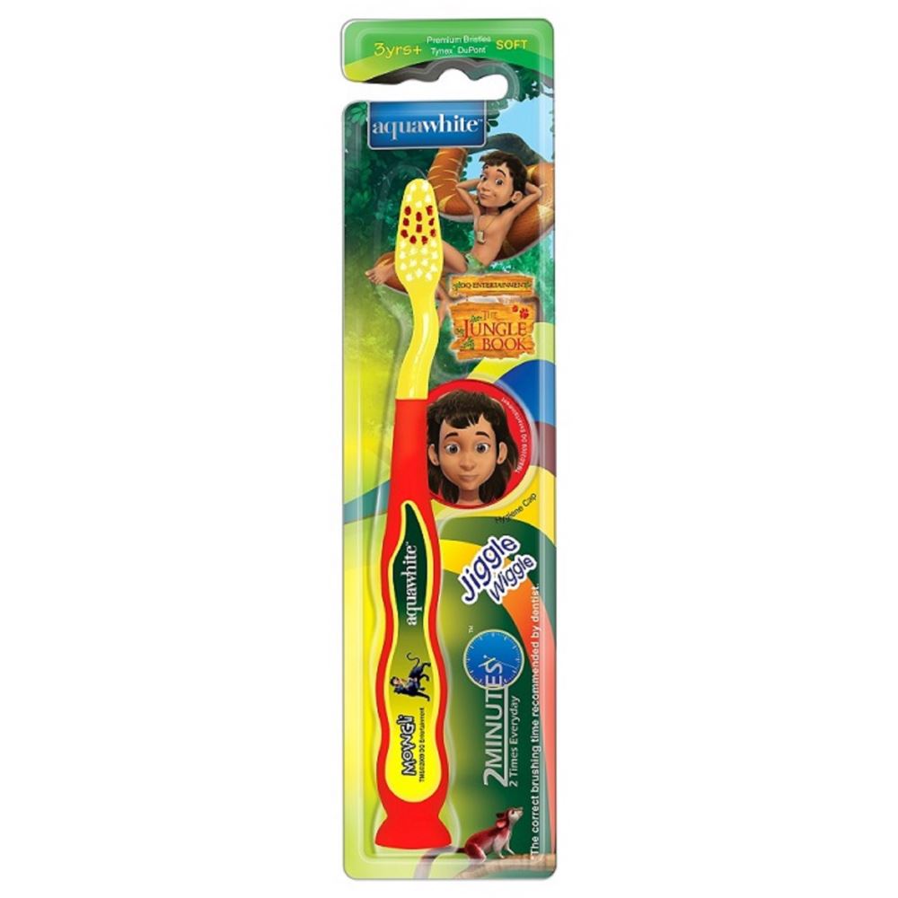 Aquawhite The Jungle Book Jiggle Wiggle Toothbrush (Red) {With 2 D Mowgli Image On Hygiene Cap, Suction Cup & Tongue Cleaner} (1Pack)