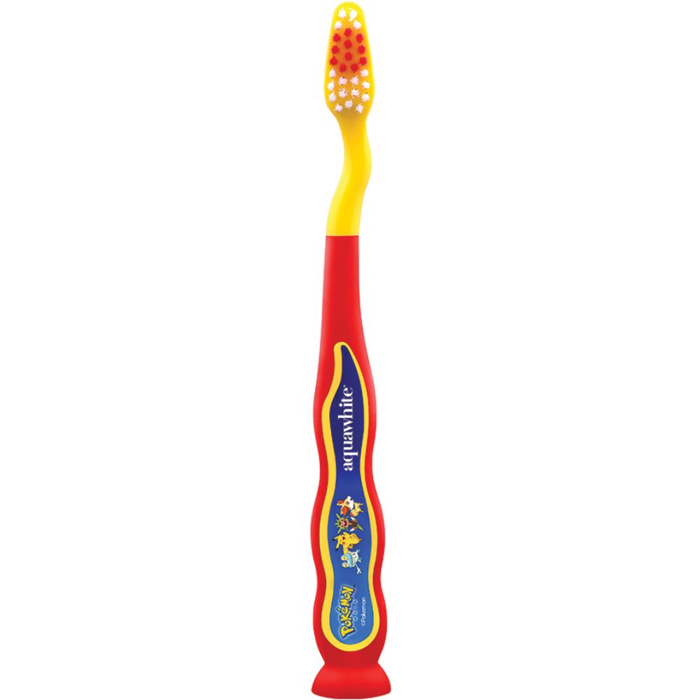 Aquawhite Pokemon Jiggle Wiggle Toothbrush (Red) {With 2 D Shimmer & Shine Image On Hygiene Cap, Suction Cup & Tongue Cleaner} (1Pack)