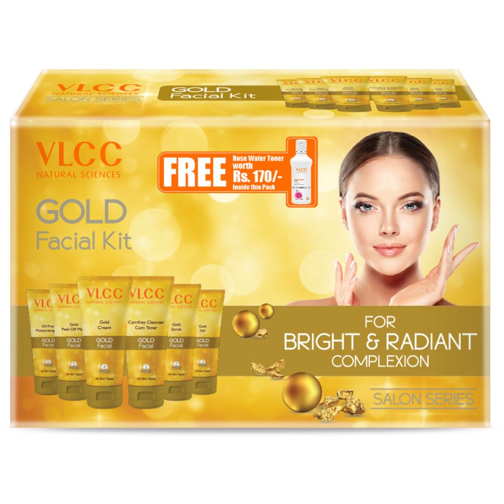 VLCC Gold Facial Kit + Free Rose Water Toner | 300Gm + 100Ml (1Pack)