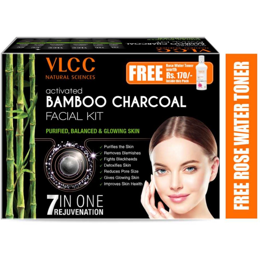 VLCC Activated Bamboo Charcoal Facial Kit (5 Sessions) + Free Rose Water Toner (300Gm+100Ml) (1Pack)