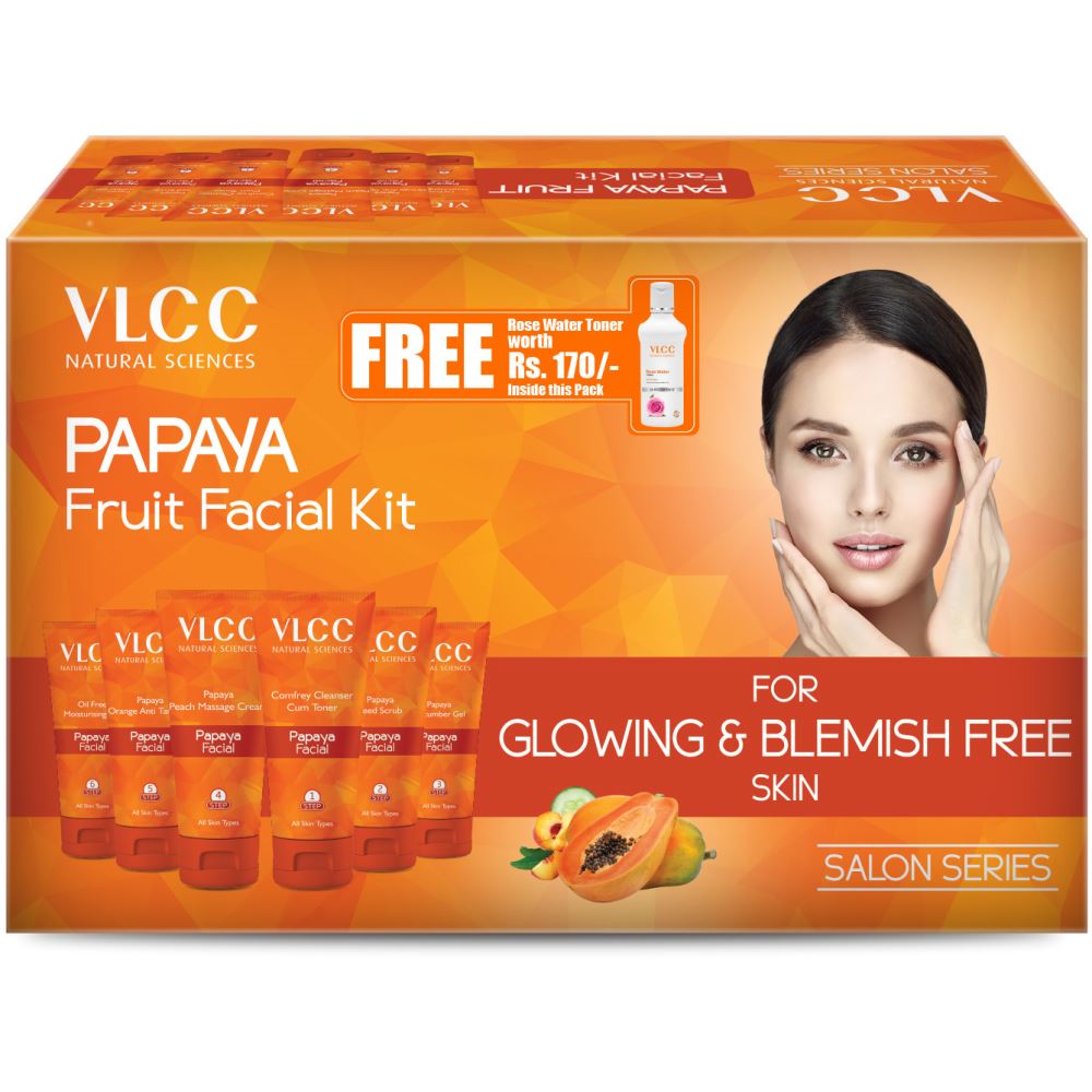 VLCC Papaya Fruit Facial Kit + Free Rose Water Toner | 300Gm + 100Ml (1Pack)