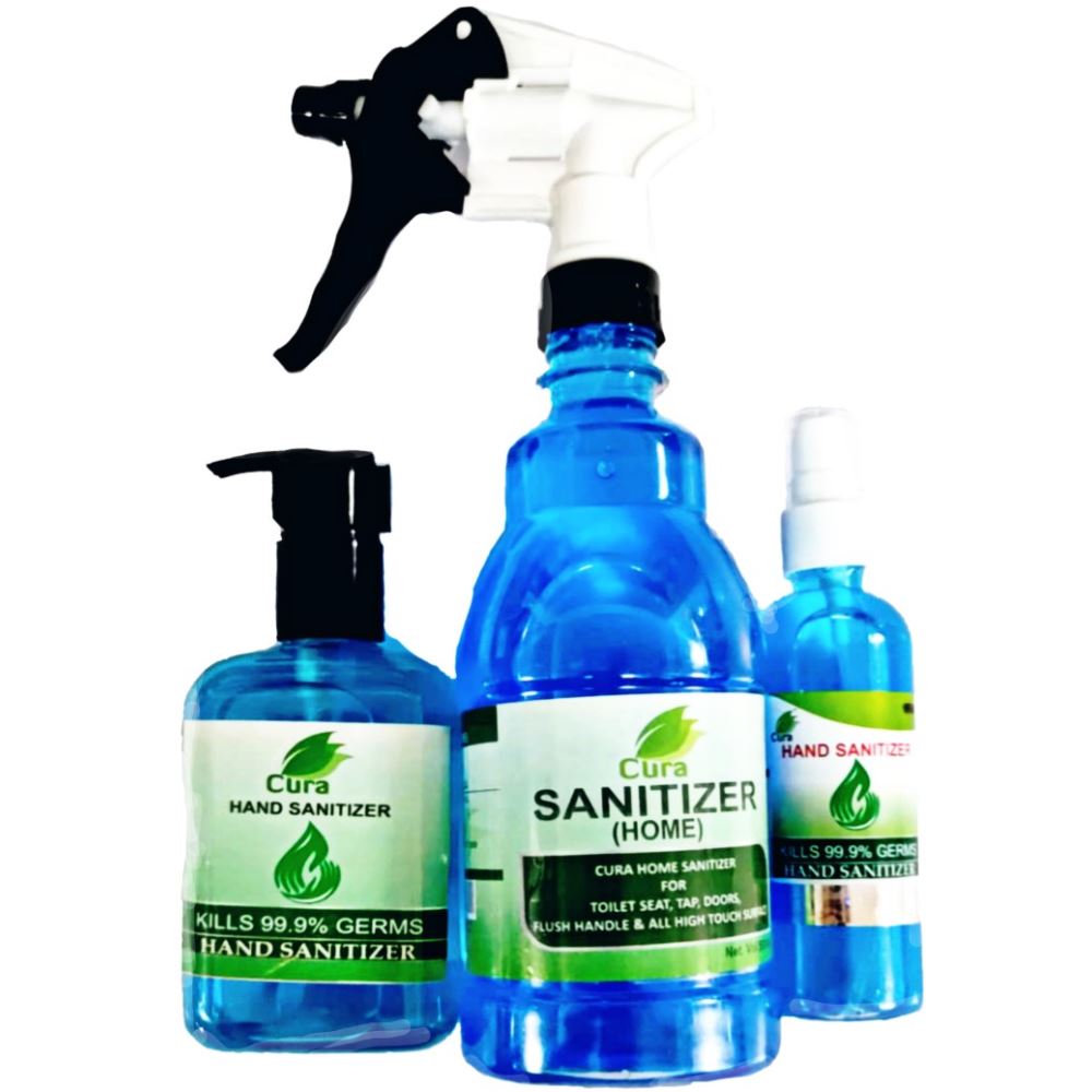 Cura Combo Pack Of Hand Sanitizer Spray 500Ml, Hand Sanitizer Pump 280Ml And Hand Sanitizer 120Ml (1Pack)