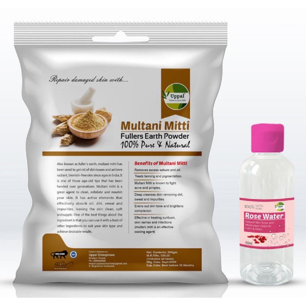 Uppal Pure Multani Mitti Face Pack Powder (Fullers Earth Powder) Free Rose Water (200g)