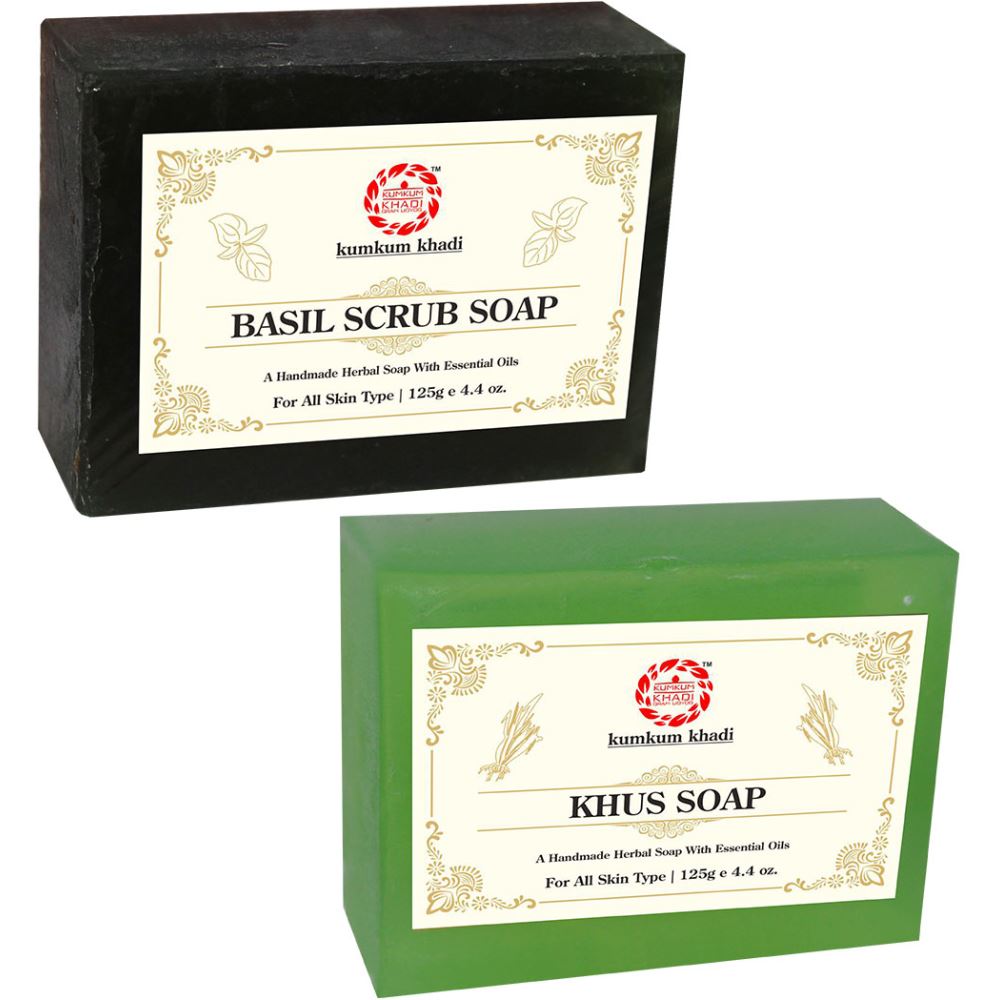 Kumkum Khadi Herbal Basil Scrub And Khus Soap (1Pack)