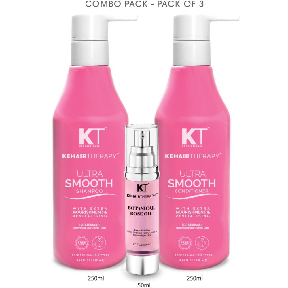 KT Ultra Smooth Shampoo & Conditioner 250Ml For Nourishment And Revitalising + Botanical Rose Oil Serum 50Ml (1Pack)