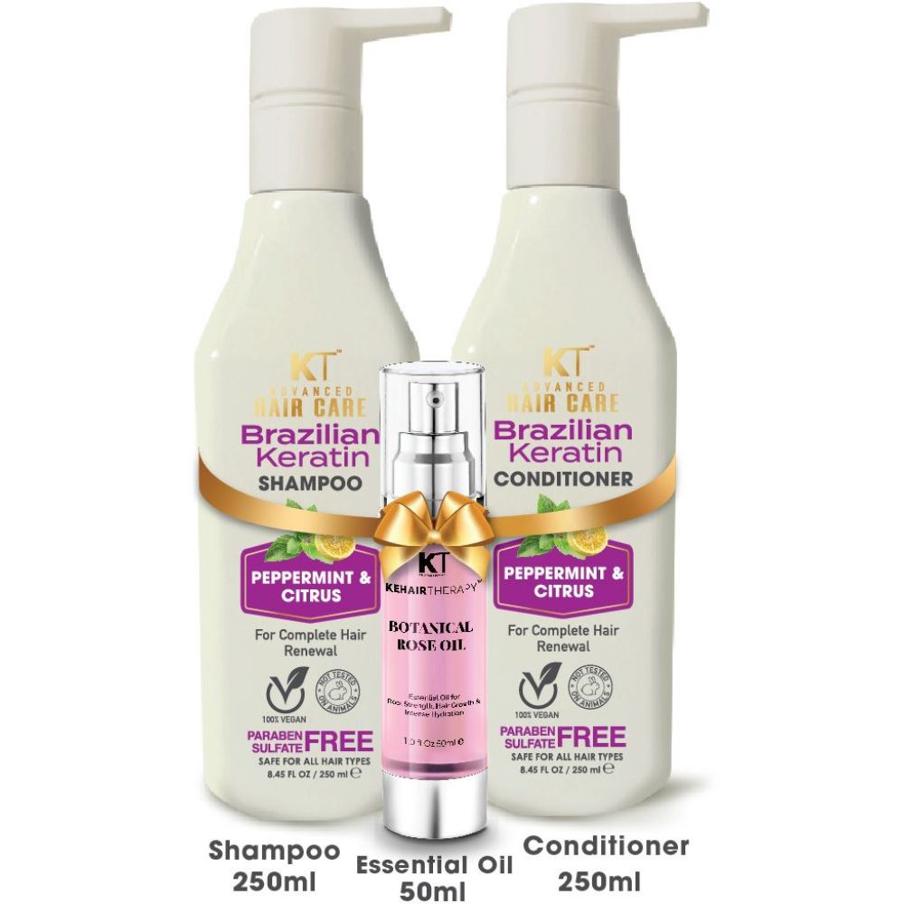 KT Professional Advanced Brazilian Keratin Shampoo & Conditioner- 250 Ml Combo Pack + Botanical Rose Oil Serum 50 Ml (1Pack)