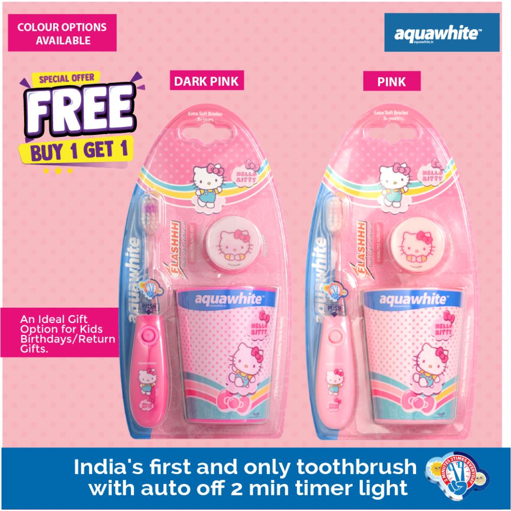 Aquawhite Kids Hello Kitty Flashh Toothbrush With Rinsing Cup (Baby Pink, Dark Pink) (Buy One Get One Free) (1Pack)