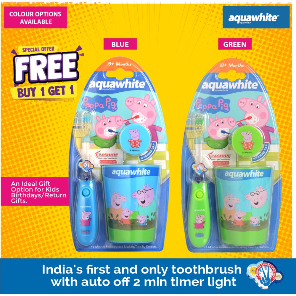 Aquawhite Kids Peppa Pig Flashh Toothbrush With Rinsing Cup (Blue, Green) (Buy One Get One Free) (1Pack)