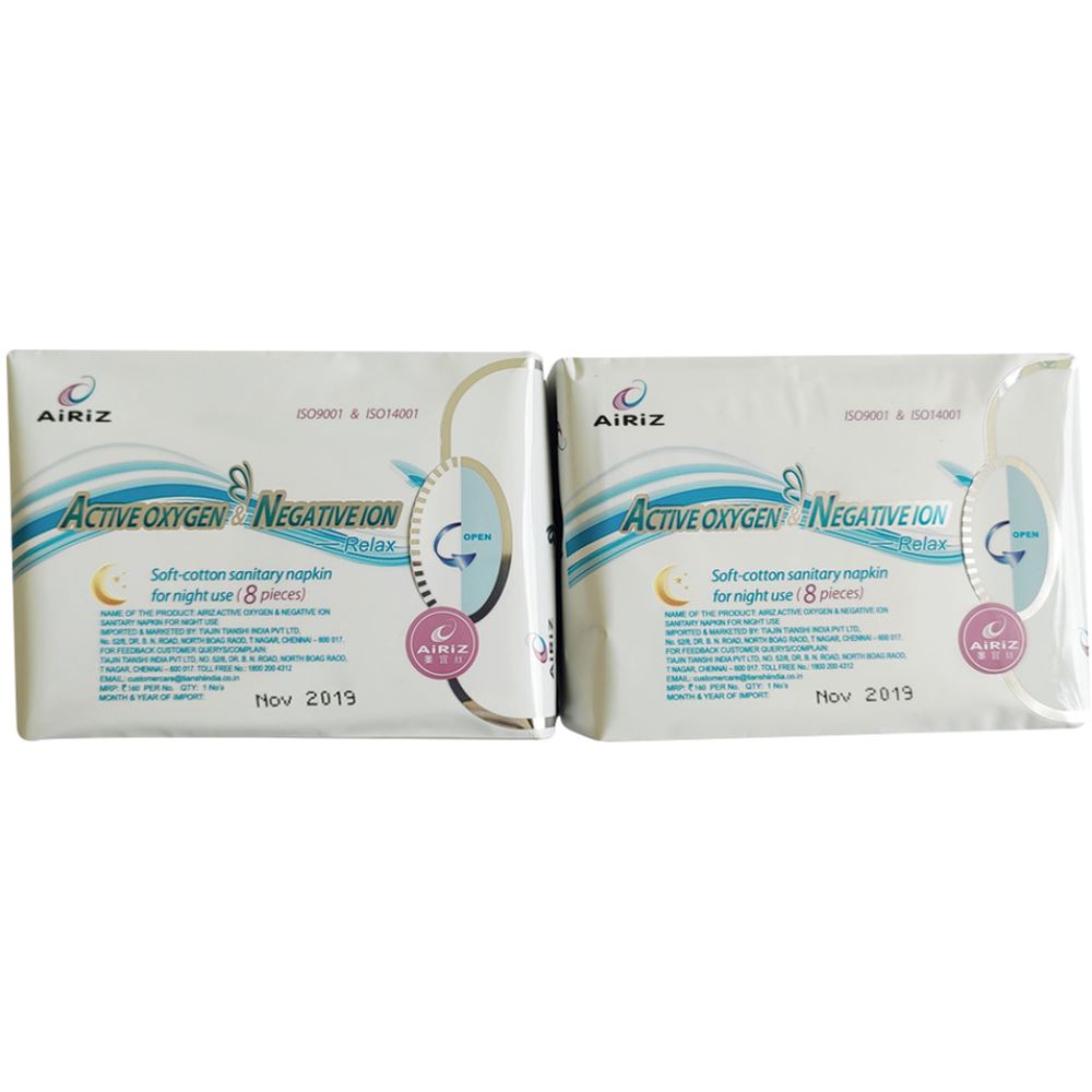 Airiz Active Oxygen & Negative Ion Soft-Cotton Sanitary Napkin (280MM) (8pcs, Pack of 2)