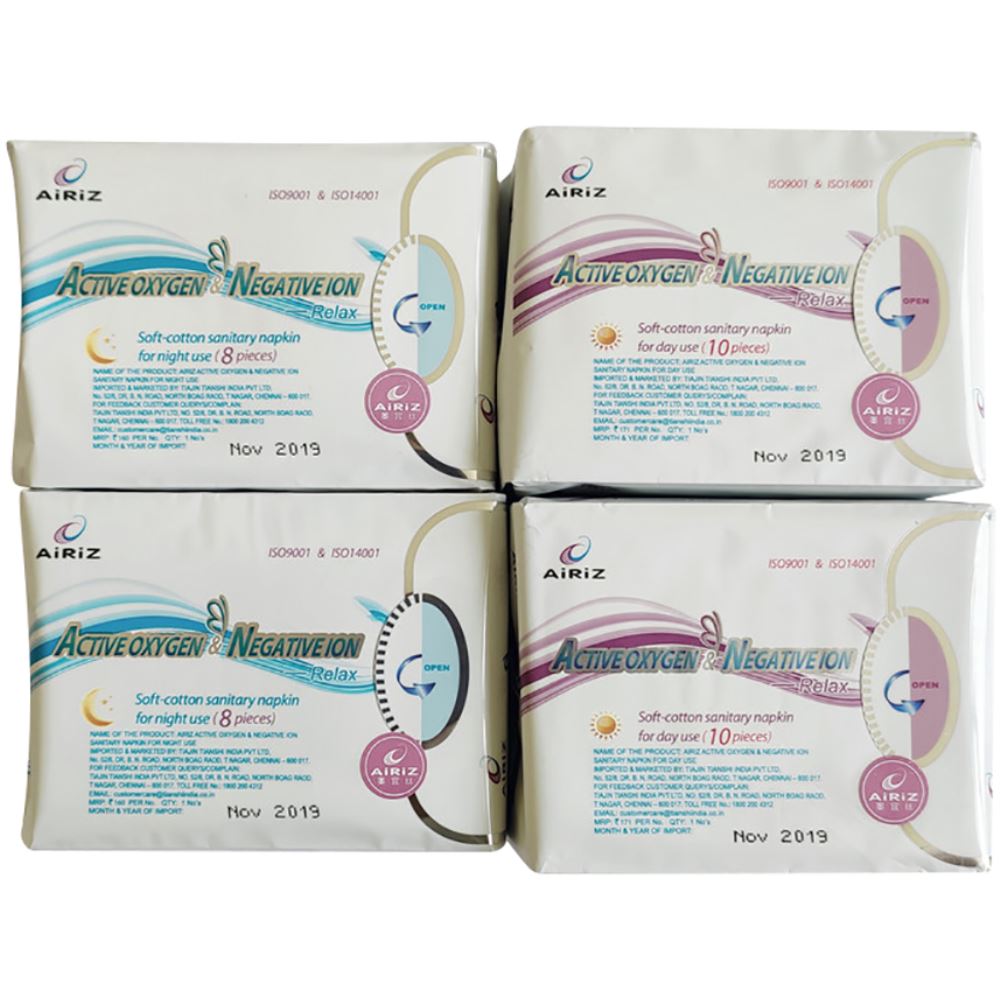 Airiz Active Oxygen & Negative Ion Soft-Cotton Sanitary Napkin (240MM(10Pads) (290MM(8Pads) (1Pack, Pack of 2)