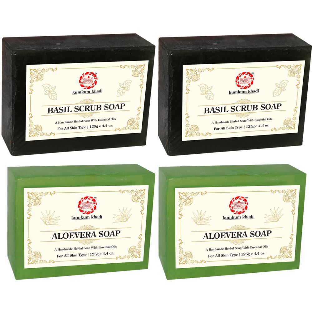 Kumkum Khadi Herbal Basil Scrub And Aloevera Soap (125g, Pack of 4)