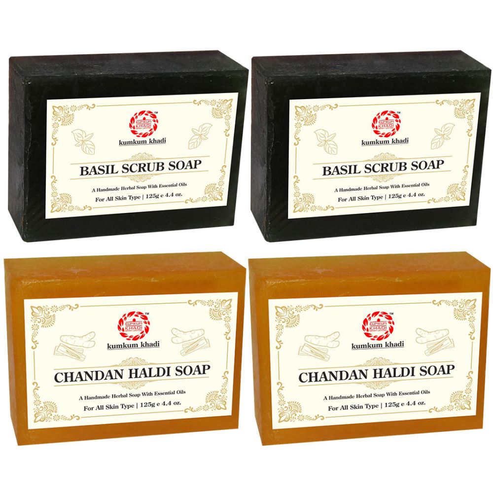Kumkum Khadi Herbal Basil Scrub And Chandan Haldi Soap (125g, Pack of 4)