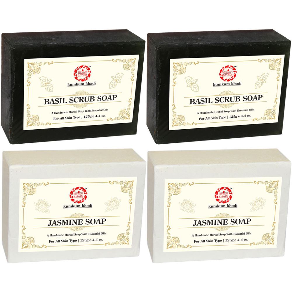 Kumkum Khadi Herbal Basil Scrub And Jasmine Soap (125g, Pack of 4)