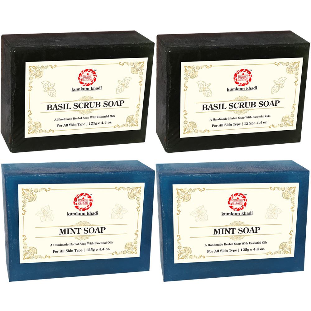 Kumkum Khadi Herbal Basil Scrub And Mint Soap (125g, Pack of 4)