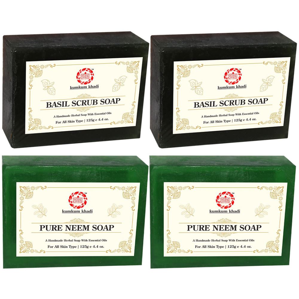 Kumkum Khadi Herbal Basil Scrub And Pure Neem Soap (125g, Pack of 4)