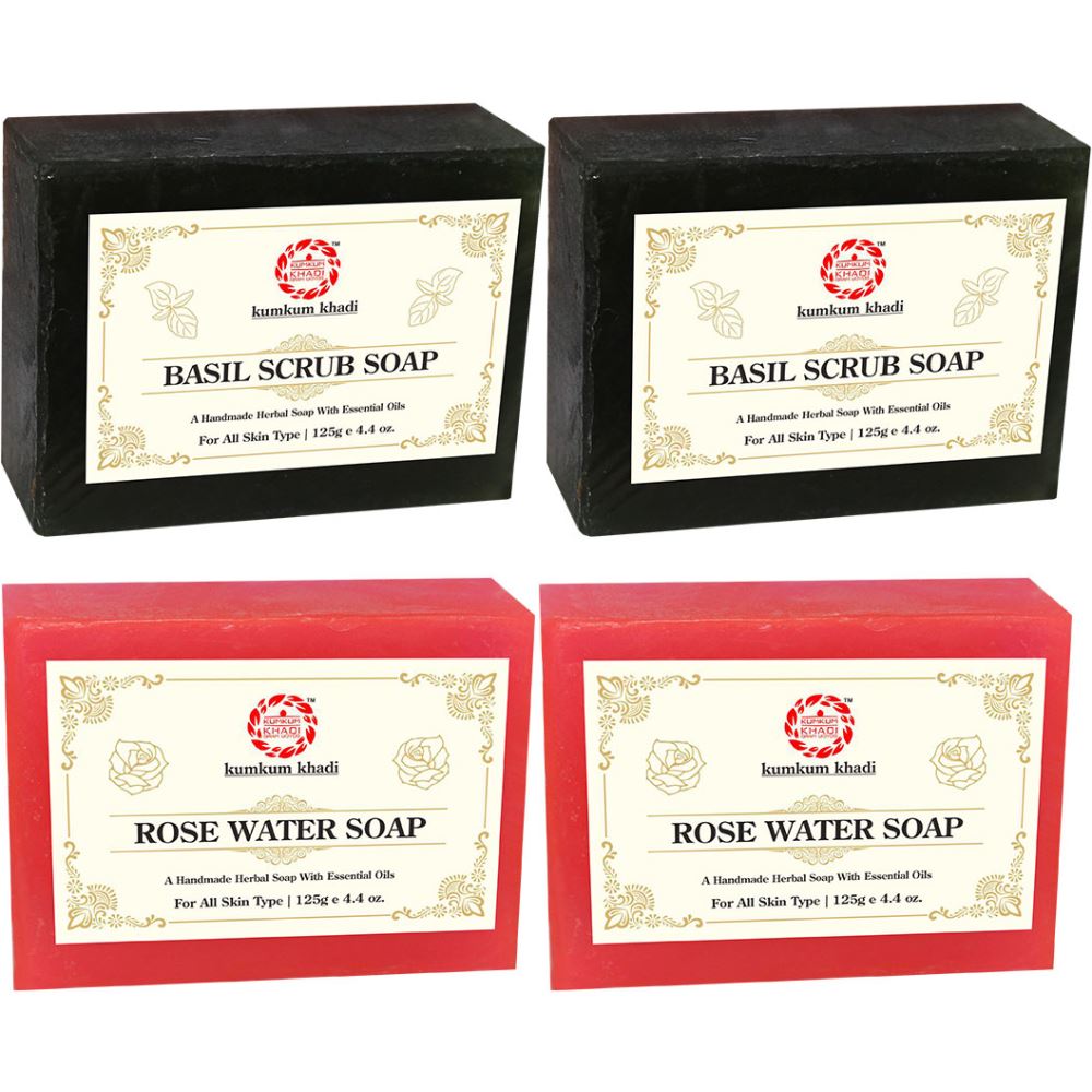 Kumkum Khadi Herbal Basil Scrub And Rose Water Soap (125g, Pack of 4)