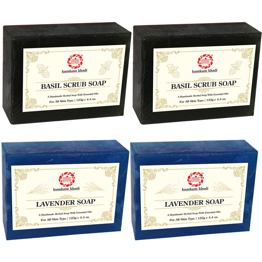 Kumkum Khadi Herbal Basil Scrub And Lavender Soap (125g, Pack of 4)