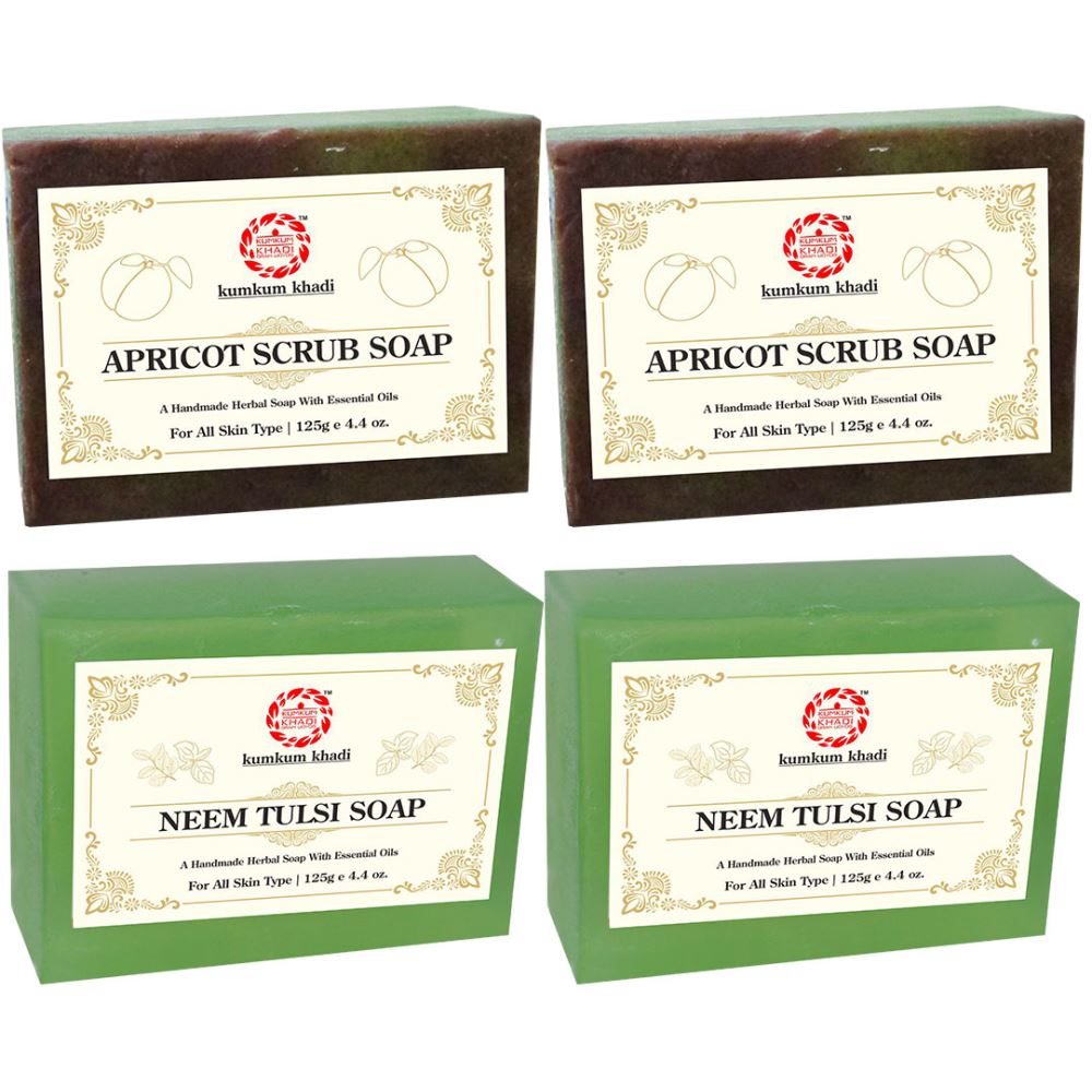 Kumkum Khadi Herbal Apricot Scrub And Neem Tulsi Soap (125g, Pack of 4)