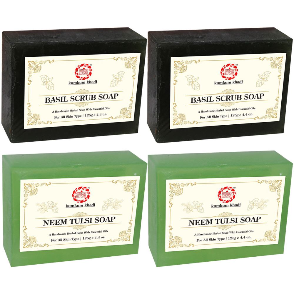 Kumkum Khadi Herbal Basil Scrub And Neem Tulsi Soap (125g, Pack of 4)