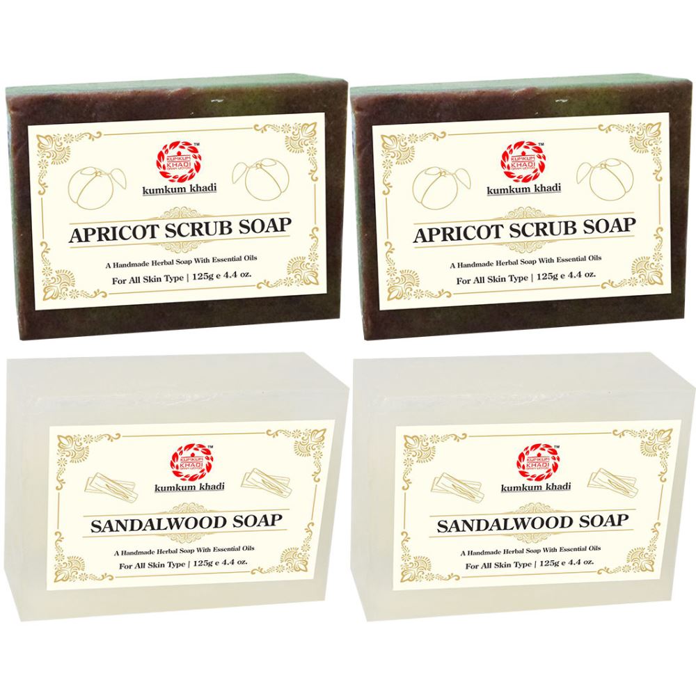 Kumkum Khadi Herbal Apricot Scrub And Sandalwood Soap (125g, Pack of 4)