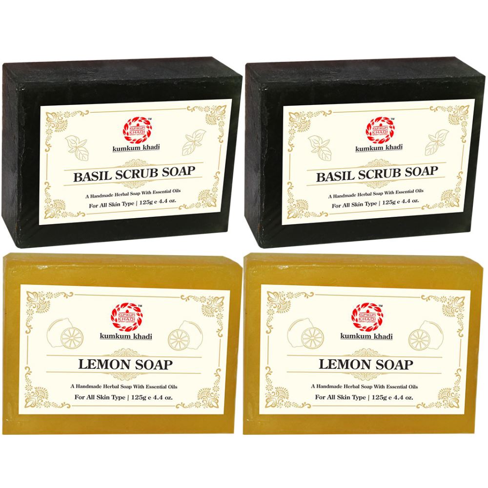 Kumkum Khadi Herbal Basil Scrub And Lemon Soap (125g, Pack of 4)