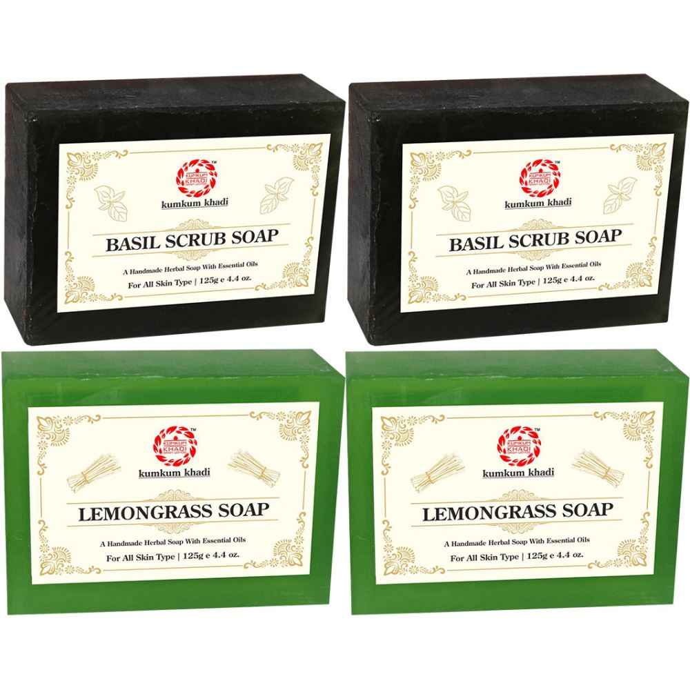 Kumkum Khadi Herbal Basil Scrub And Lemongrass Soap (125g, Pack of 4)