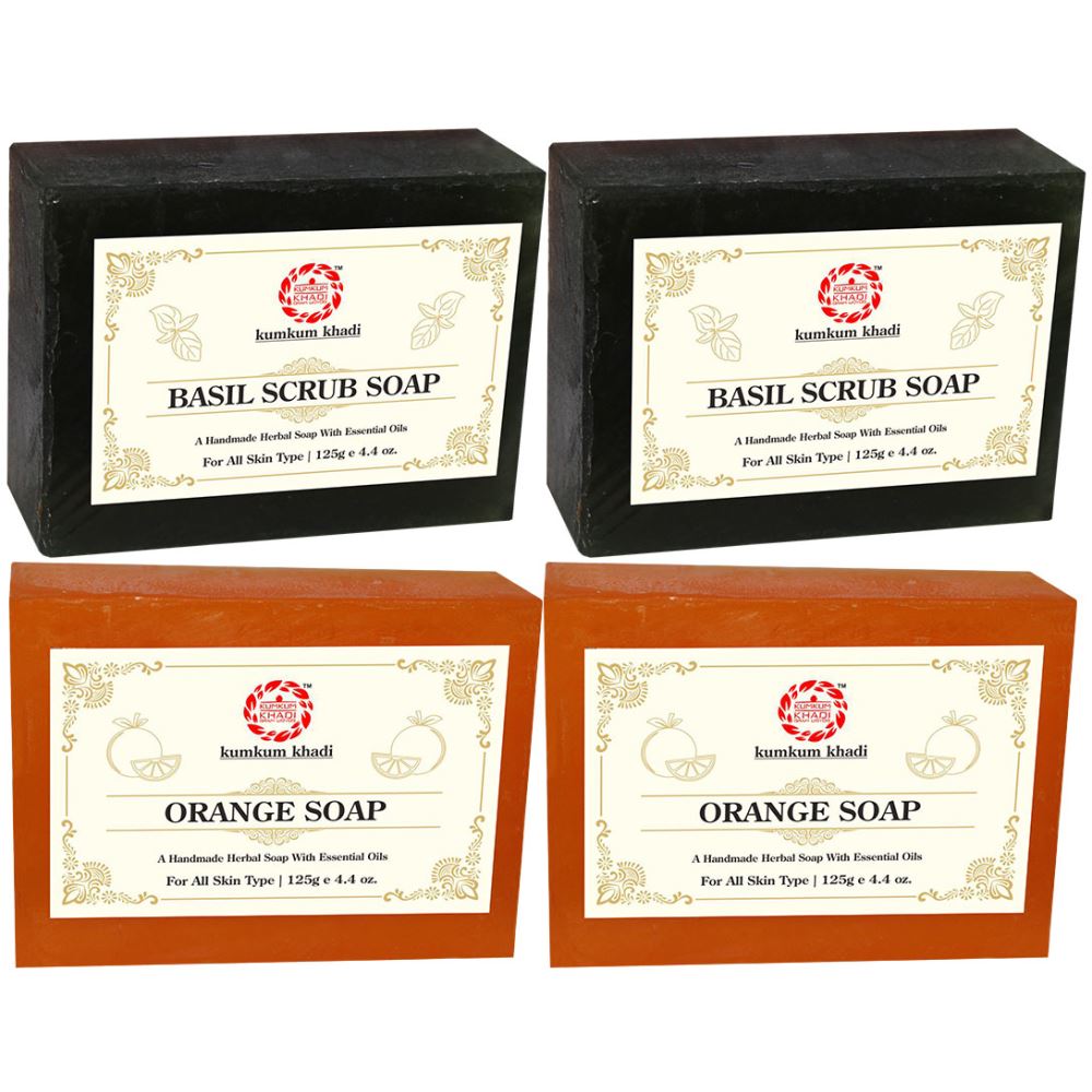 Kumkum Khadi Herbal Basil Scrub And Orange Soap (125g, Pack of 4)