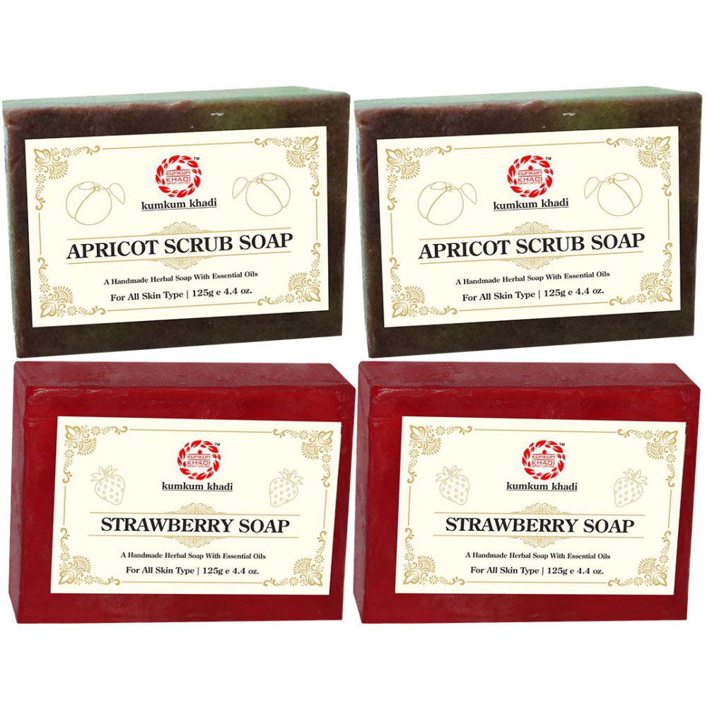 Kumkum Khadi Herbal Apricot Scrub And Strawberry Soap (125g, Pack of 4)