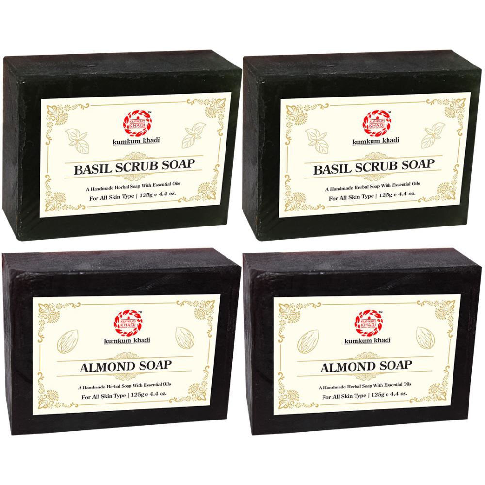 Kumkum Khadi Herbal Basil Scrub And Almond Soap (125g, Pack of 4)