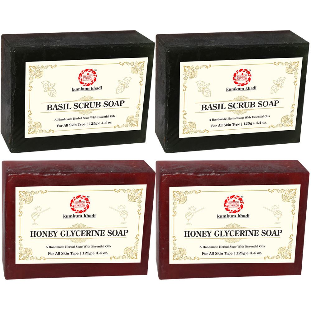 Kumkum Khadi Herbal Basil Scrub And Honey Glycerine Soap (125g, Pack of 4)