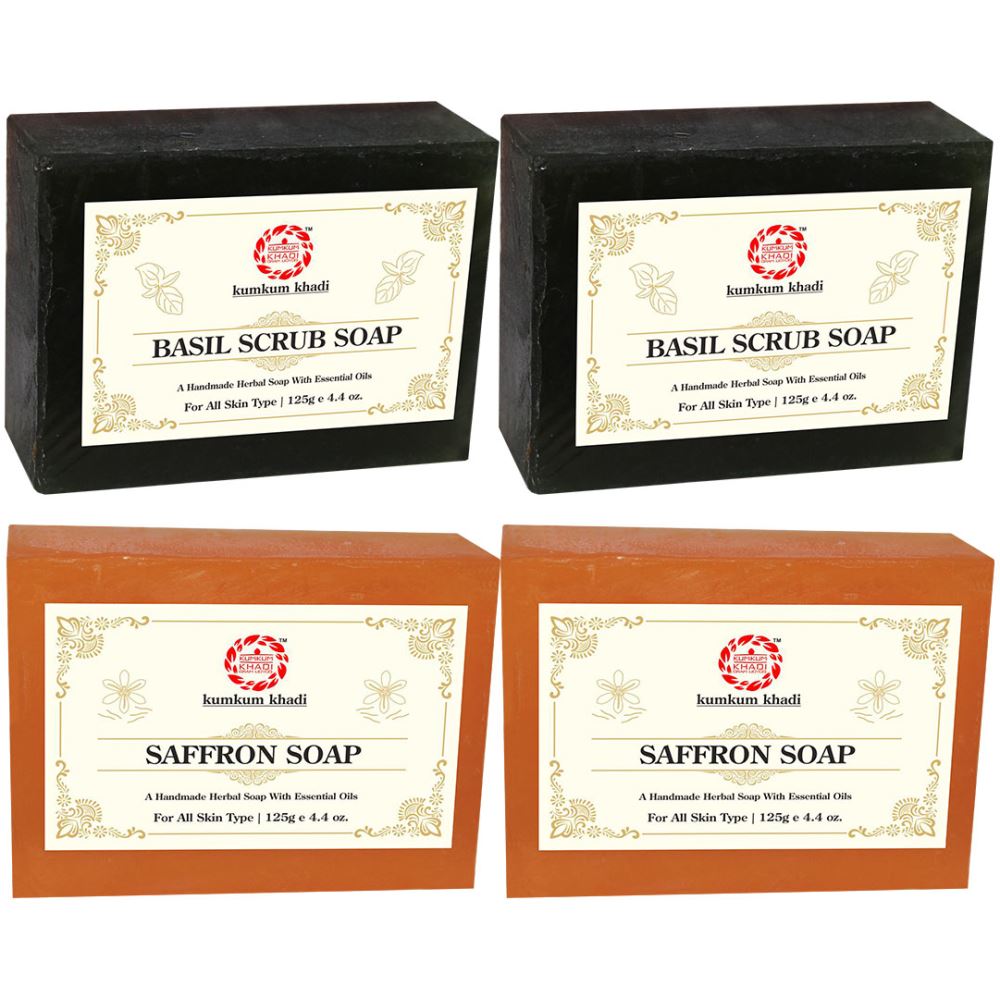 Kumkum Khadi Herbal Basil Scrub And Saffron Soap (125g, Pack of 4)