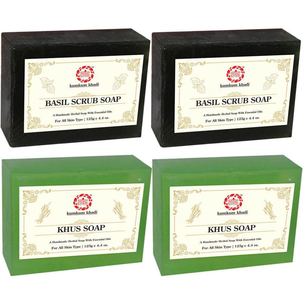 Kumkum Khadi Herbal Basil Scrub And Khus Soap (125g, Pack of 4)