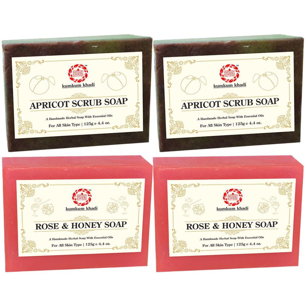 Kumkum Khadi Herbal Apricot Scrub And Rose & Honey Soap (125g, Pack of 4)