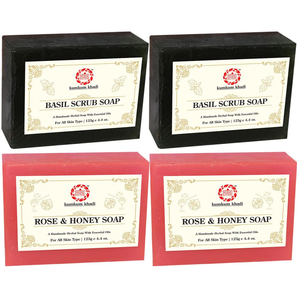 Kumkum Khadi Herbal Basil Scrub And Rose & Honey Soap (125g, Pack of 4)