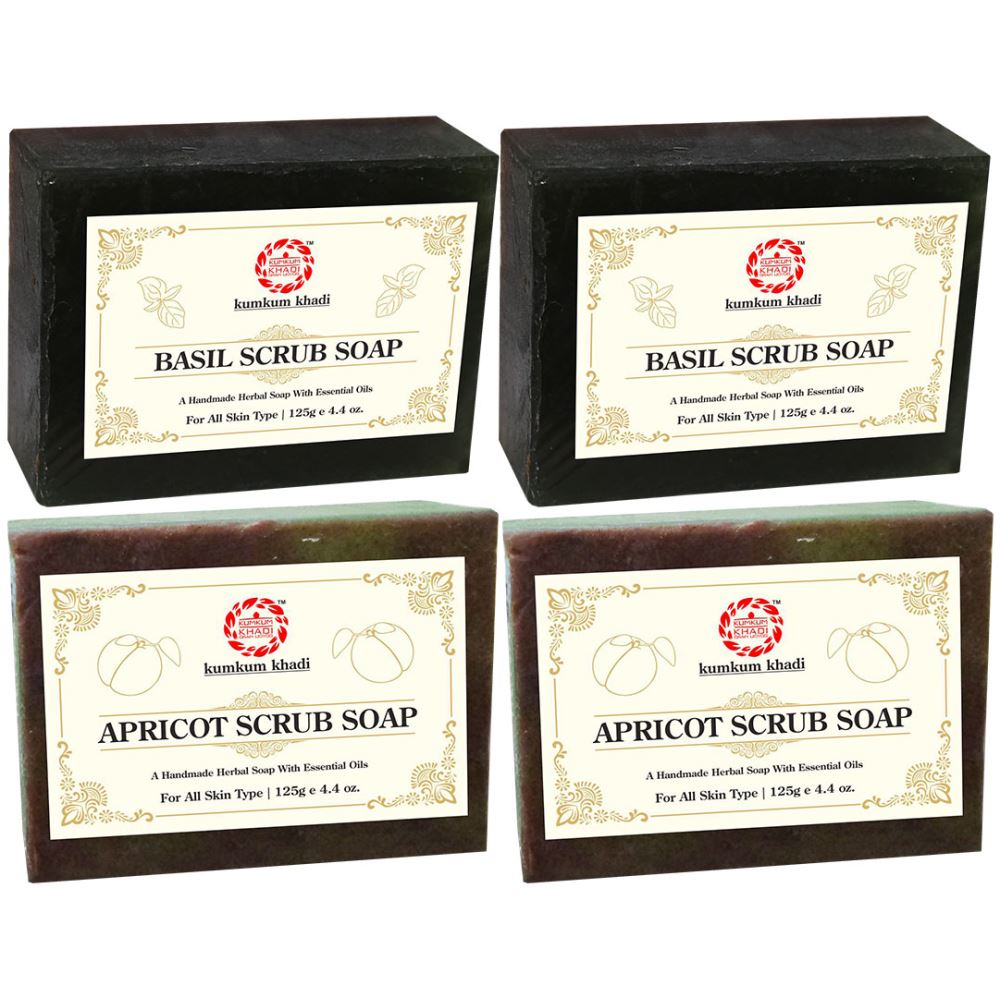 Kumkum Khadi Herbal Basil Scrub And Apricot Scrub Soap (125g, Pack of 4)
