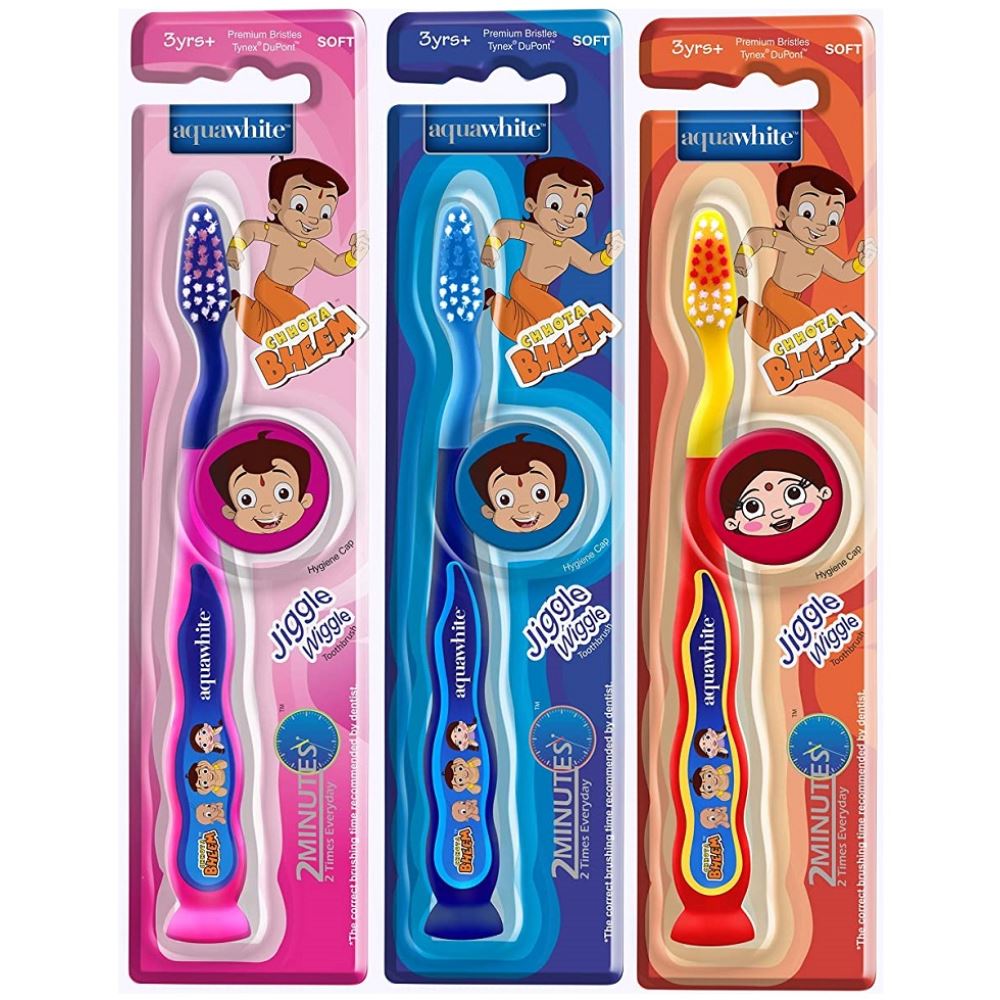 Aquawhite Chhota Bheem Jiggle Wiggle Toothbrush With Suction Cup & Tongue Cleaner (3Pack)