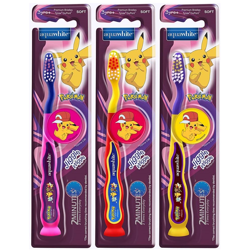 Aquawhite Pokemon Jiggle Wiggle Toothbrush With Suction Cup & Tongue Cleaner (3Pack)