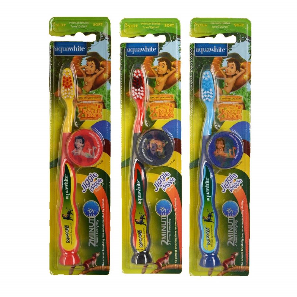 Aquawhite The Jungle Book Jiggle Wiggle Kids Toothbrush (Yellow, Red, Blue) (3Pack)