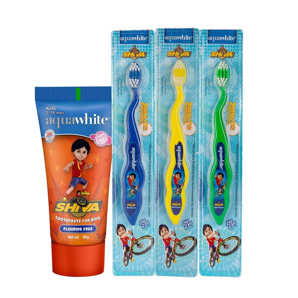 Aquawhite Shiva Three Zig Zag Kids Toothbrush & One Toothpaste Sweet Bubble Flavor (4Pack)