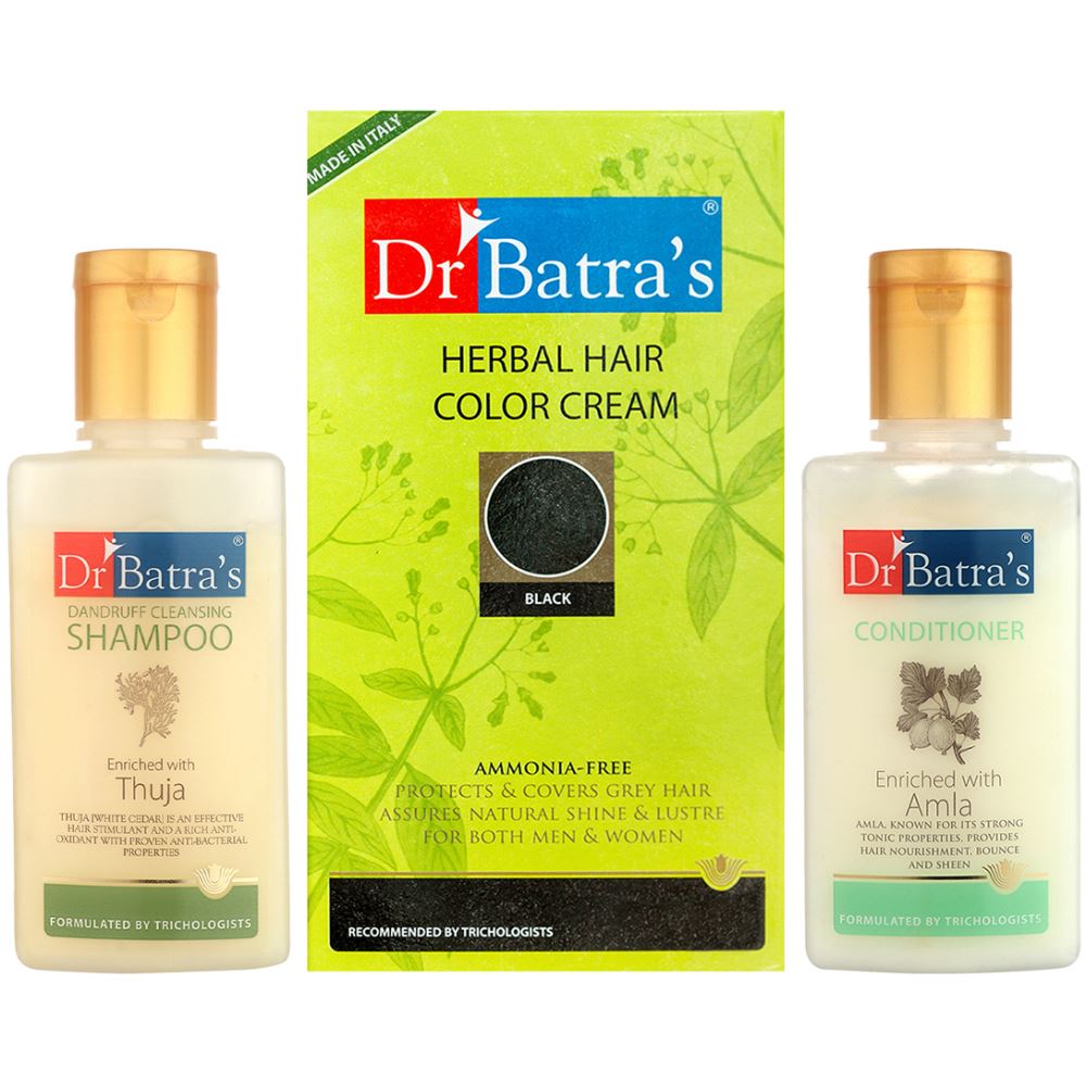 Dr Batras Herbal Hair Color Cream Black, Dandruff Cleansing Shampoo & Conditioner Combo (1Pack)