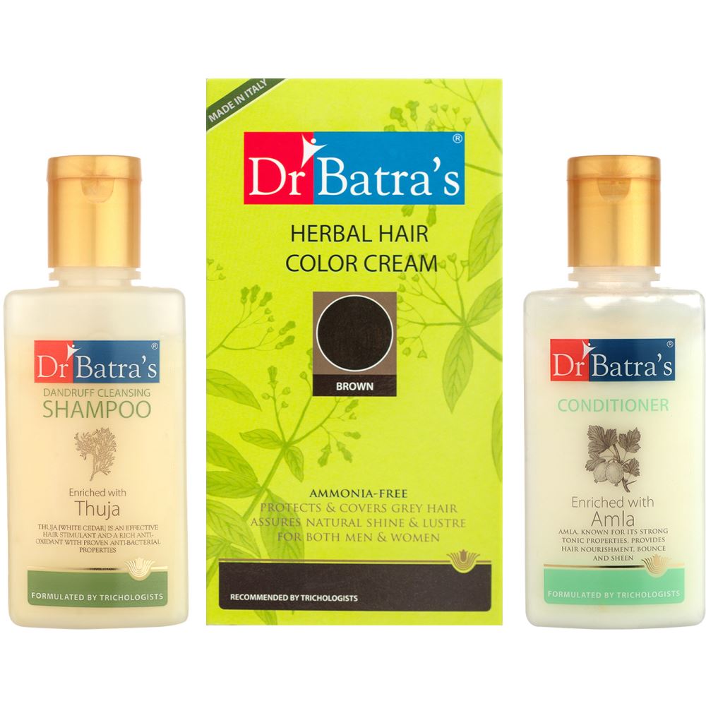 Dr Batras Herbal Hair Color Cream Brown, Dandruff Cleansing Shampoo & Conditioner Combo (1Pack)