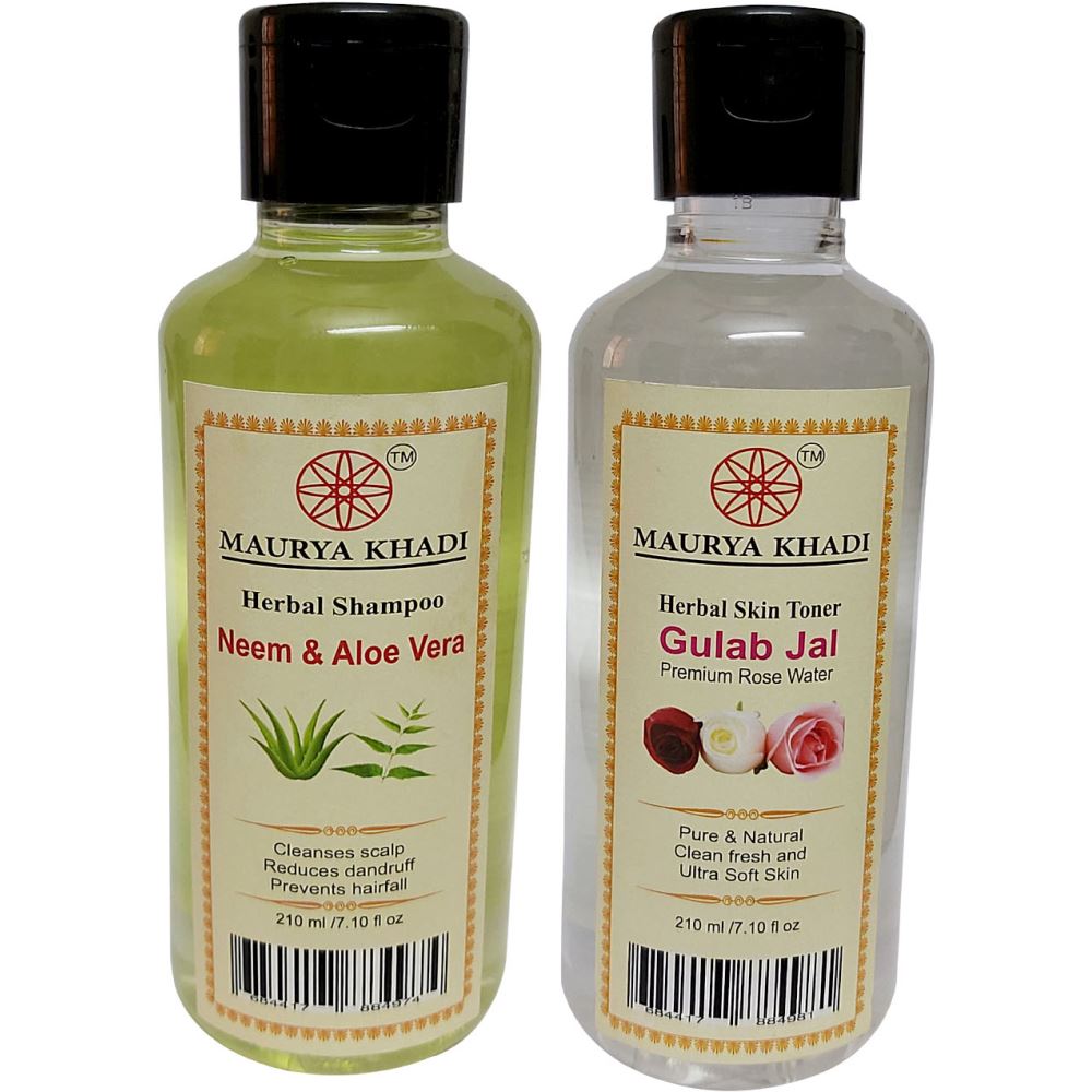 Maurya Khadi Herbal Mix Combo Pack of Shampoo & Skin Tonner(Neem & Aloevera+Rose Water) (1Pack)